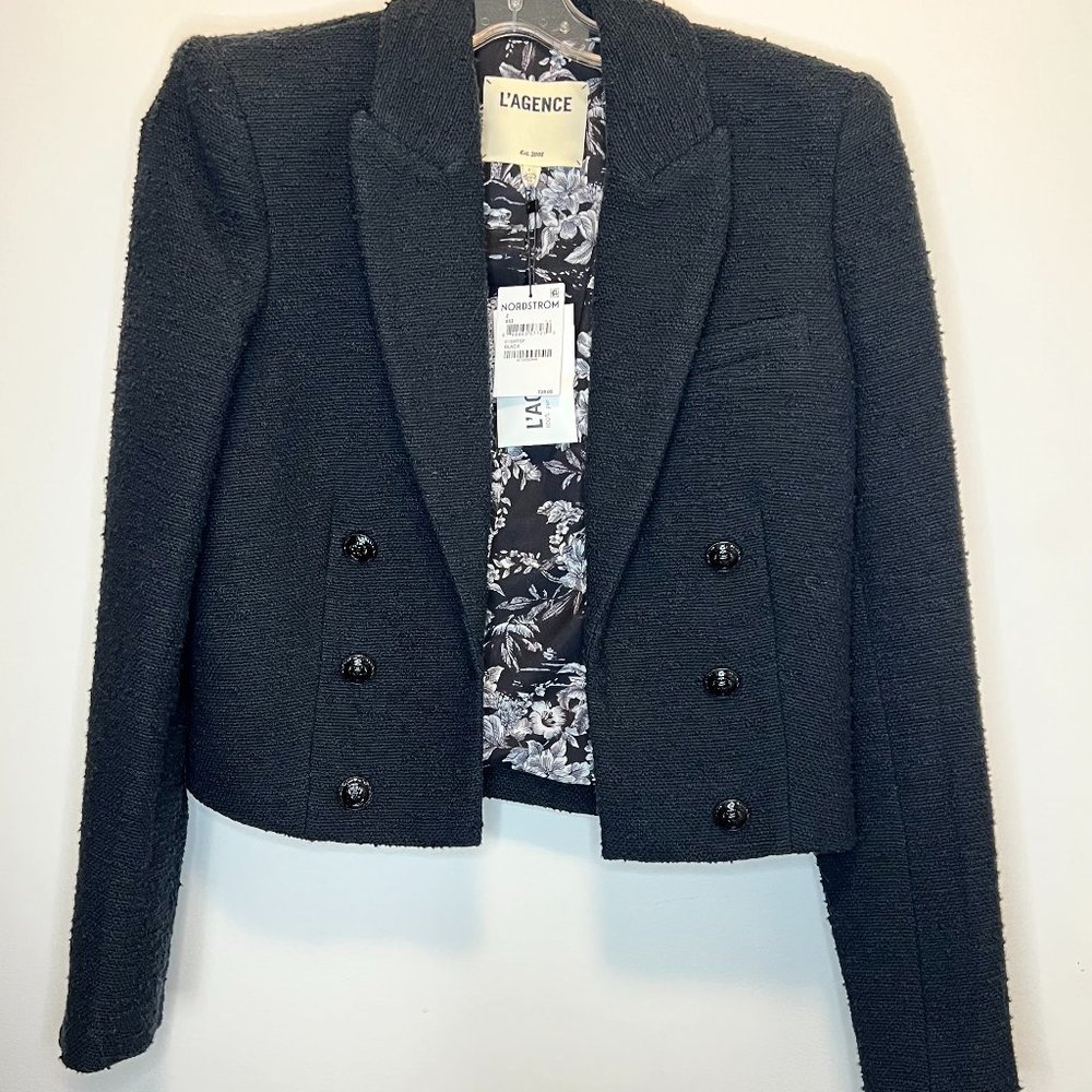 BNWT L'AGENCE Brooke Double Breasted Crop Cotton Blend Blazer, Black